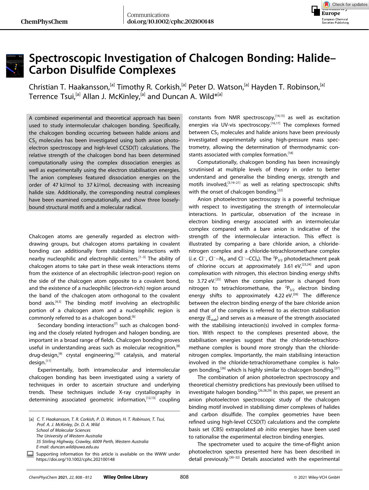 Spectroscopic Investigation of Chalcogen Bonding: HalideâCarbon Disulfide Complexes by Unknown