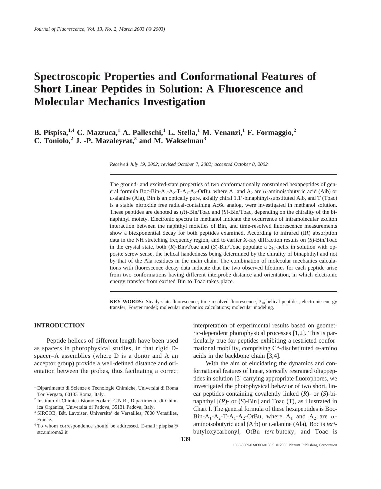 Spectroscopic Properties and Conformational Features of Short Linear Peptides in Solution: A Fluorescence and Molecular Mechanics Investigation by Unknown