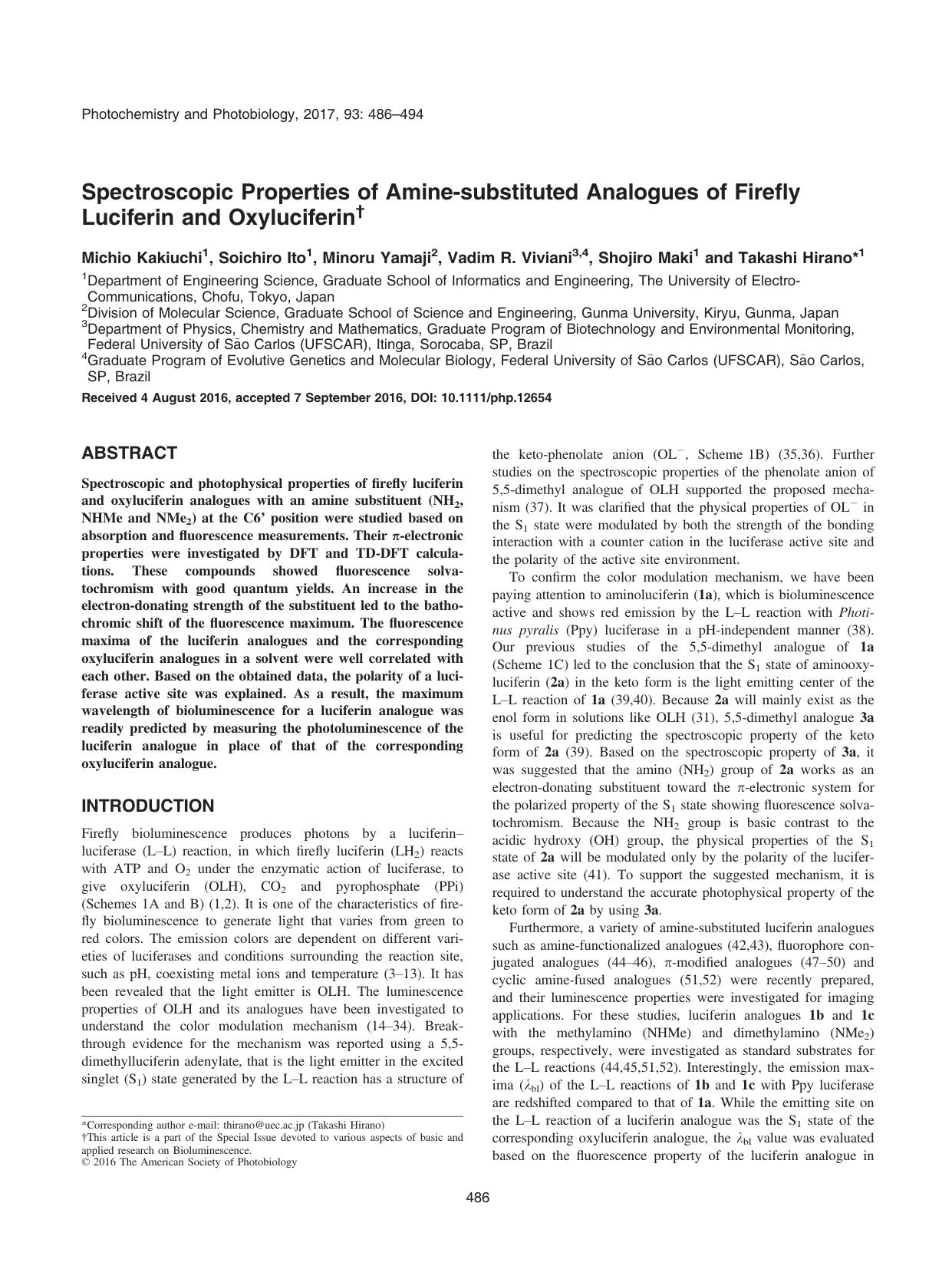 Spectroscopic Properties of Amineâsubstituted Analogues of Firefly Luciferin and Oxyluciferin by Unknown