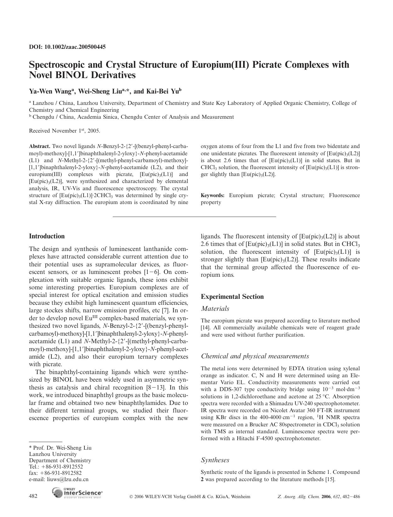 Spectroscopic and Crystal Structure of Europium(III) Picrate Complexes with Novel BINOL Derivatives by Unknown