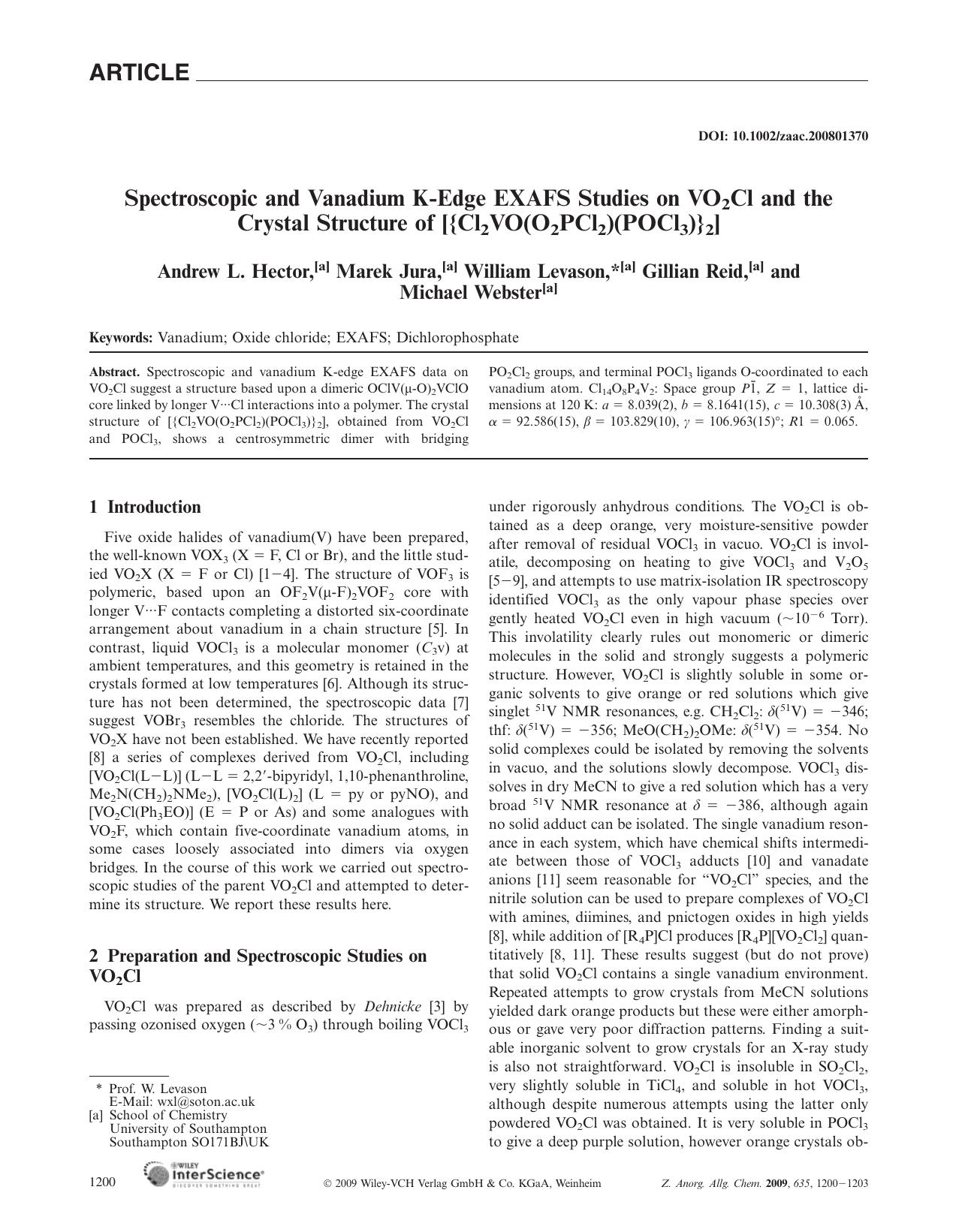 Spectroscopic and Vanadium K-Edge EXAFS Studies on VO2Cl and the Crystal Structure of [{Cl2VO(O2PCl2)(POCl3)}2] by Unknown