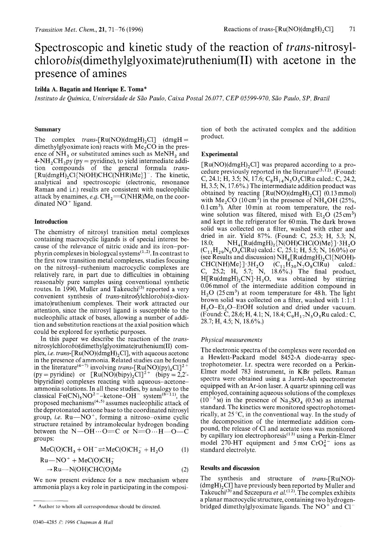 Spectroscopic and kinetic study of the reaction of <Emphasis Type="Italic">trans <Emphasis>-nitrosylchloro <Emphasis Type="Italic">bis <Emphasis>(dimethylglyoximate)ruthenium(II) by Unknown