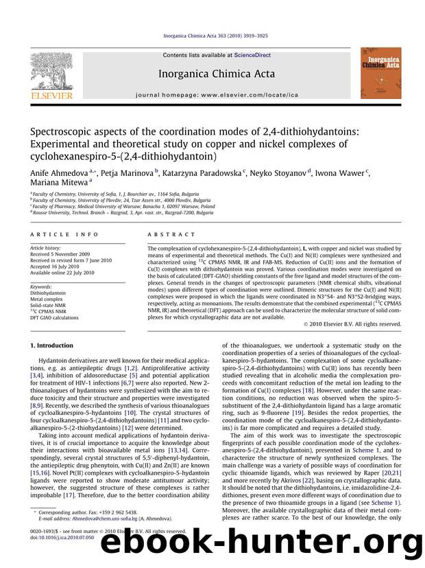 Spectroscopic aspects of the coordination modes of 2,4-dithiohydantoins: Experimental and theoretical study on copper and nickel complexes of cyclohexanespiro-5-(2,4-dithiohydantoin) by unknow