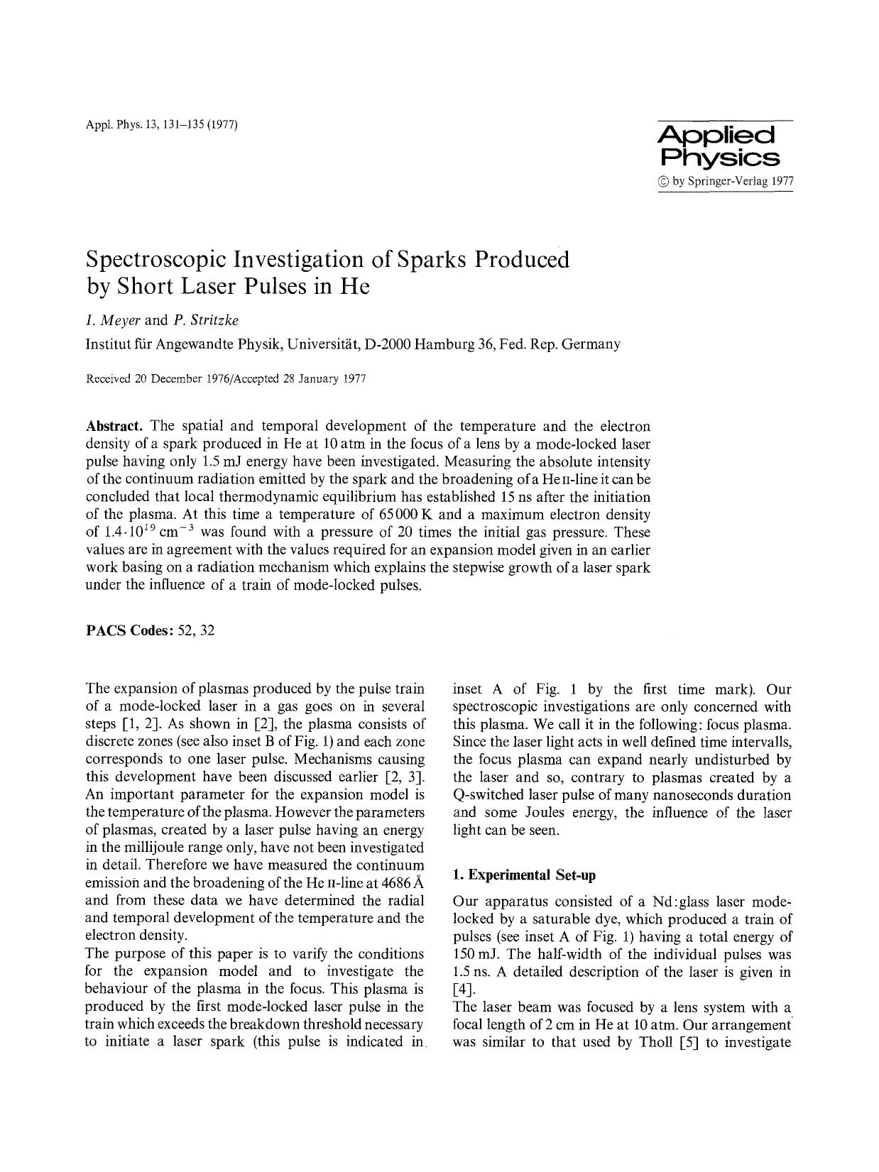 Spectroscopic investigation of sparks produced by short laser pulses in He by Unknown