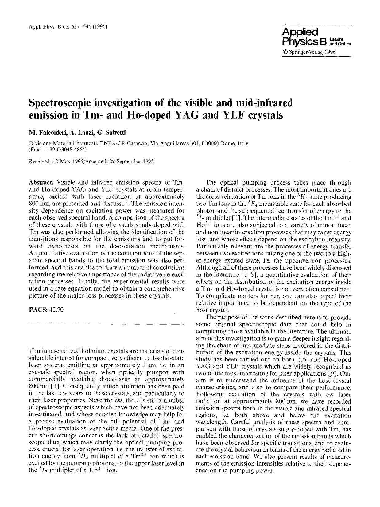 Spectroscopic investigation of the visible and mid-infrared emission in Tm- and Ho-doped YAG and YLF crystals by Unknown
