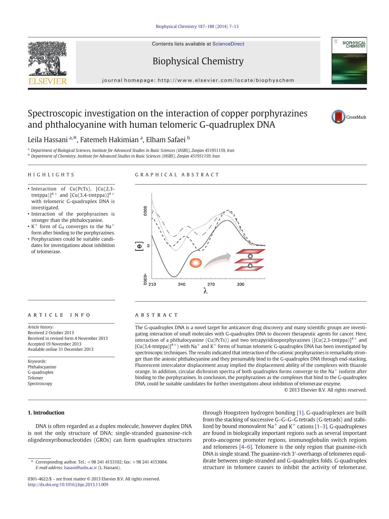 Spectroscopic investigation on the interaction of copper porphyrazines and phthalocyanine with human telomeric G-quadruplex DNA by Leila Hassani & Fatemeh Hakimian & Elham Safaei