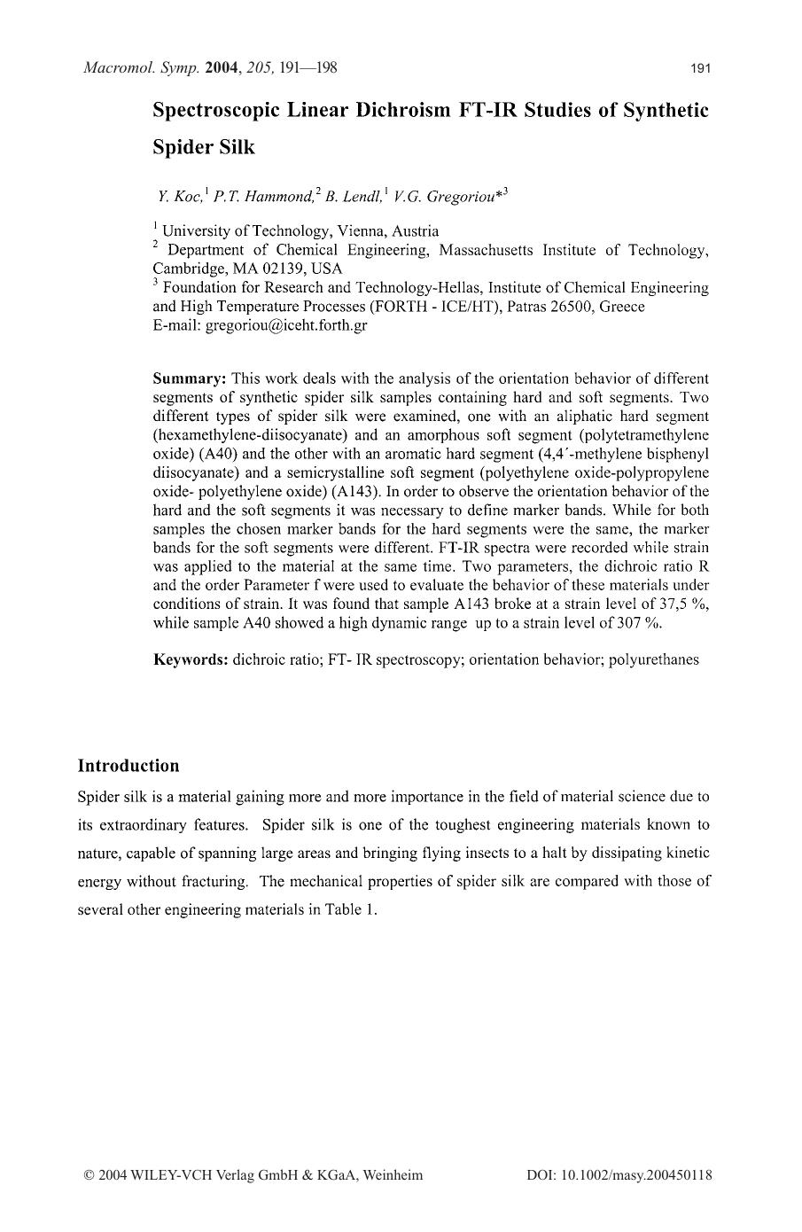 Spectroscopic linear dichroism FT-IR studies of synthetic spider silk by Unknown
