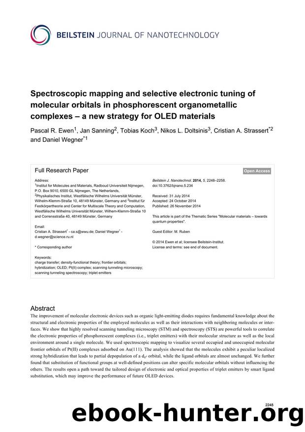 Spectroscopic mapping and selective electronic tuning of molecular orbitals in phosphorescent organometallic complexes â a new strategy for OLED materials by Pascal R. Ewen Jan Sanning Tobias Koch Nikos L. Doltsinis Cristian A. Strassert Daniel Wegner