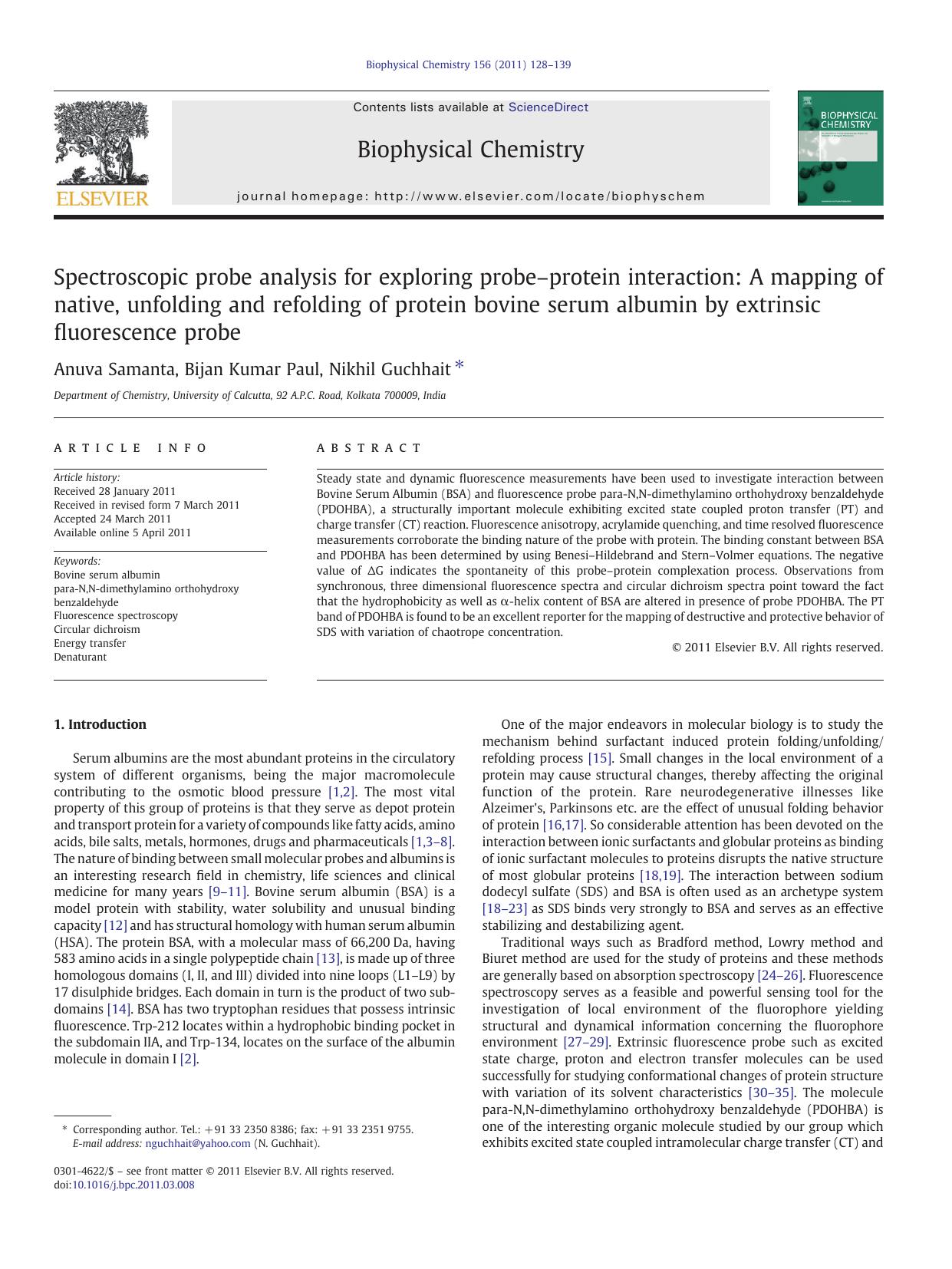 Spectroscopic probe analysis for exploring probeâprotein interaction: A mapping of native, unfolding and refolding of protein bovine serum albumin by extrinsic fluorescence probe by Anuva Samanta & Bijan Kumar Paul & Nikhil Guchhait