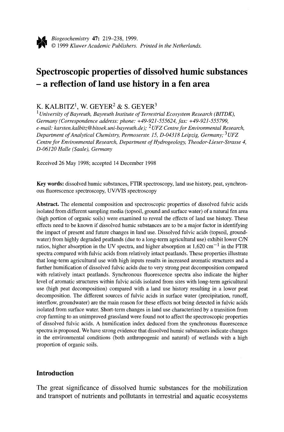 Spectroscopic properties of dissolved humic substances — a reflection of land use history in a fen area by Unknown