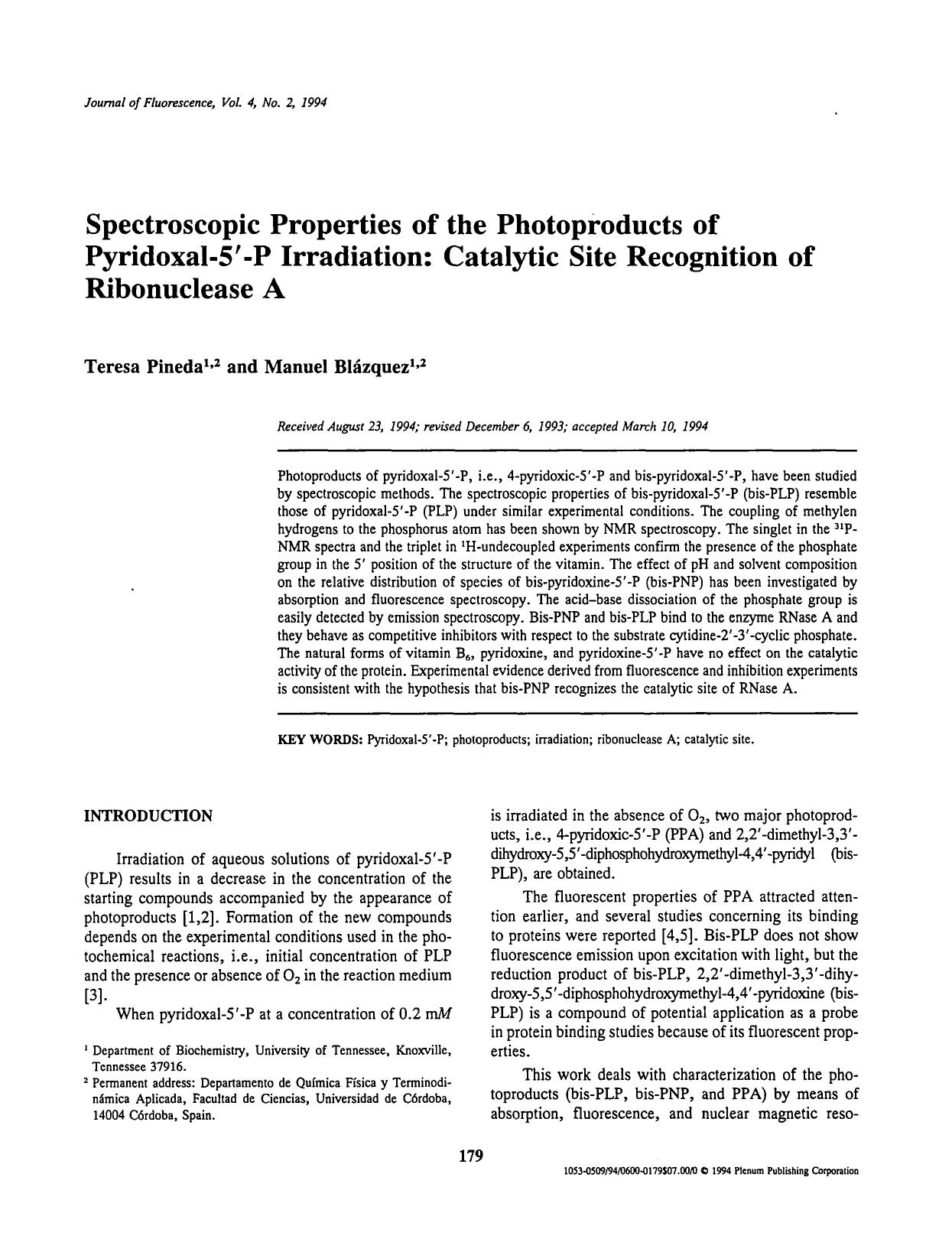 Spectroscopic properties of the photoproducts of pyridoxal-5&#x2032;-P irradiation: Catalytic site recognition of ribonuclease A by Unknown