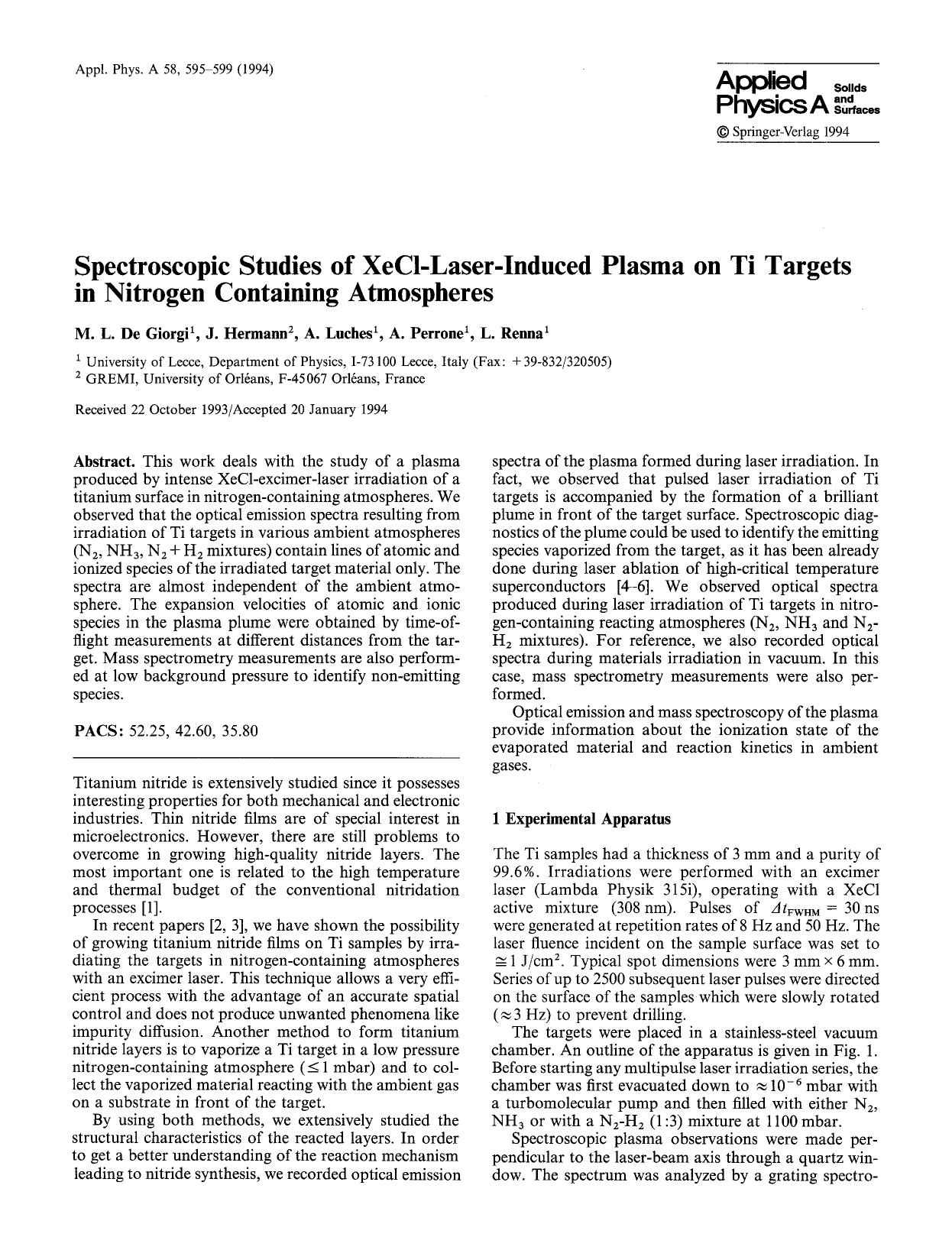 Spectroscopic studies of XeCl-laser-induced plasma on Ti targets in nitrogen containing atmospheres by Unknown