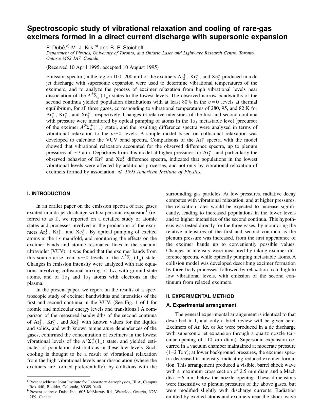 Spectroscopic study of vibrational relaxation and cooling of rare-gas excimers formed in a direct current discharge with supersonic expansion by P. Dube & M. J. Kiik & and B. P. Stoicheff