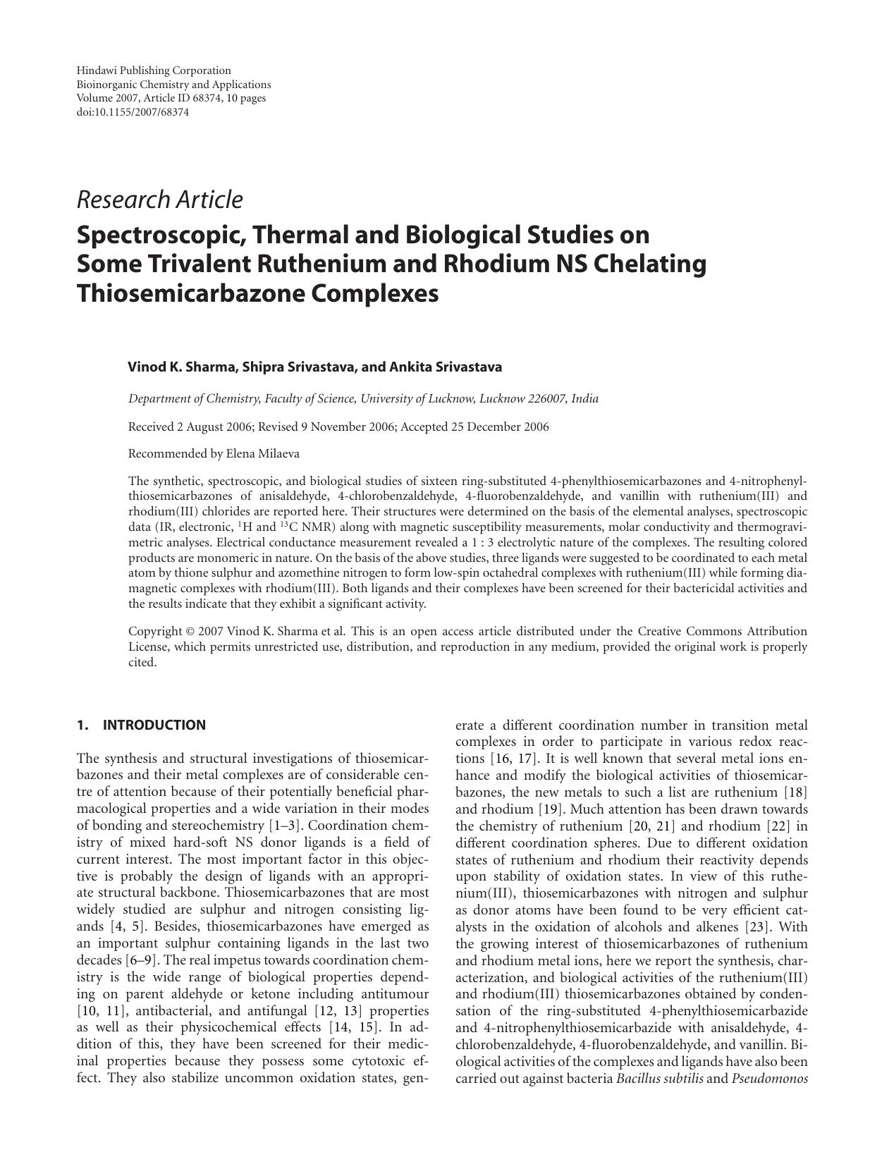 Spectroscopic, Thermal and Biological Studies on Some Trivalent Ruthenium and Rhodium NS Chelating Thiosemicarbazone Complexes by Vinod K. Sharma et al