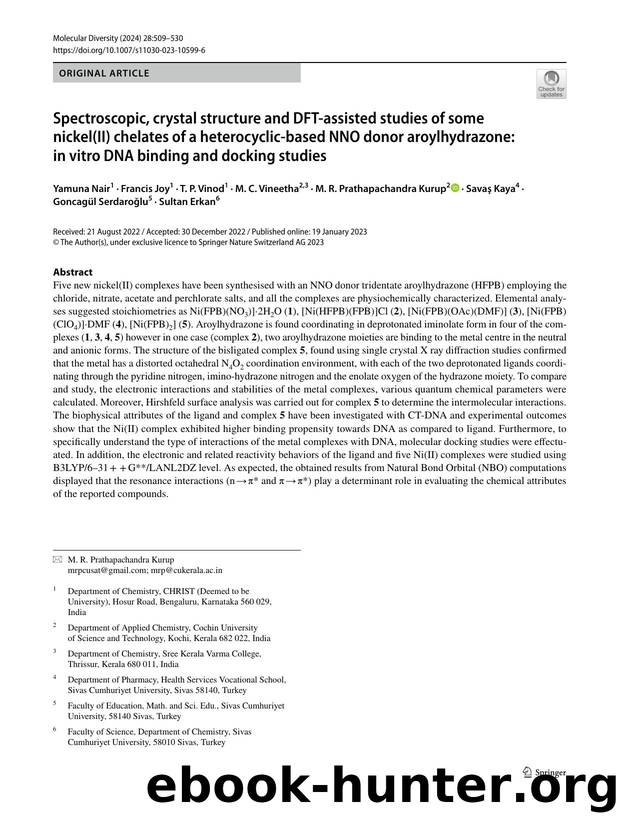 Spectroscopic, crystal structure and DFT-assisted studies of some nickel(II) chelates of a heterocyclic-based NNO donor aroylhydrazone: in vitro DNA binding and docking studies by unknow