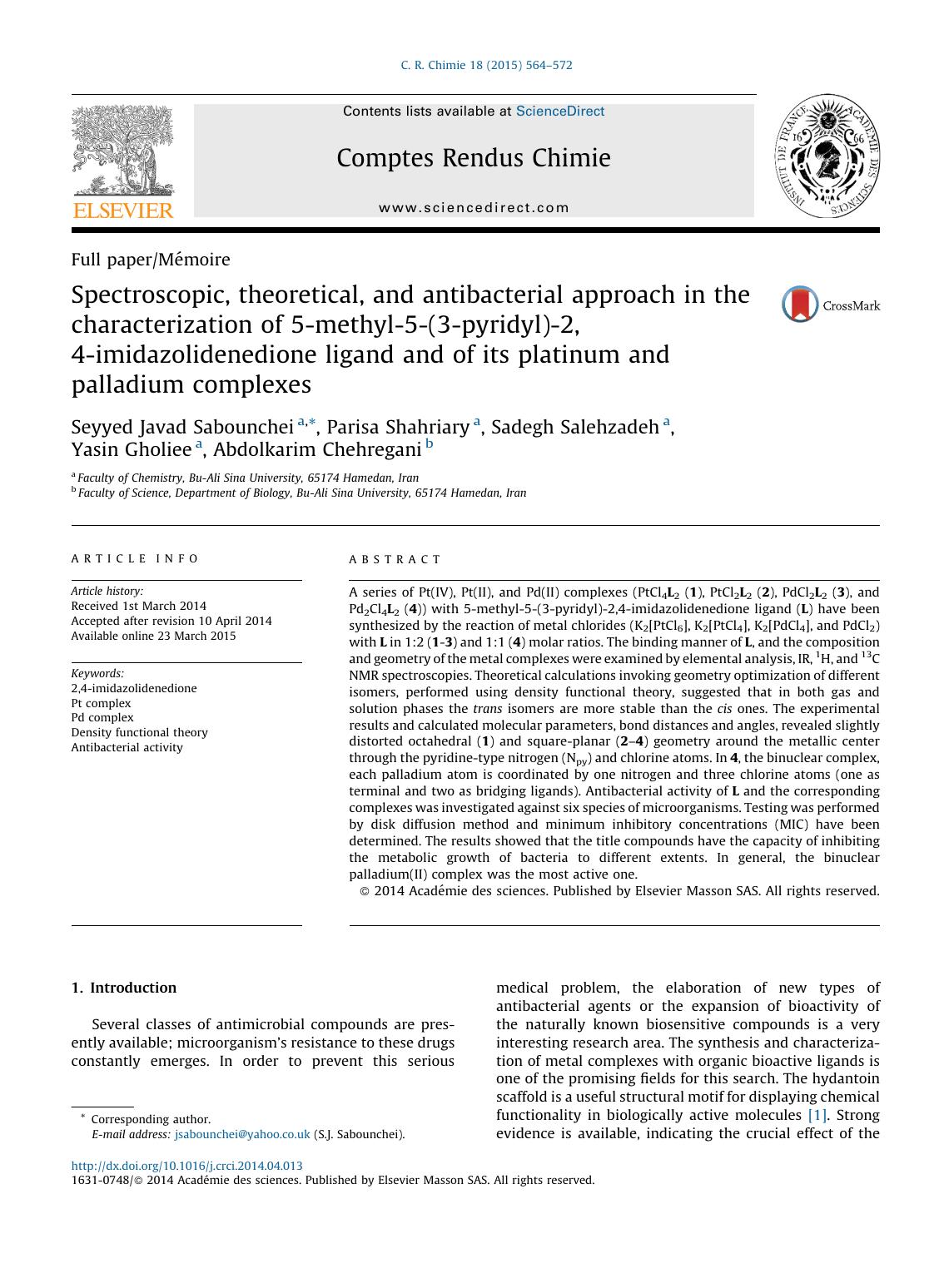 Spectroscopic, theoretical, and antibacterial approach in the characterization of 5-methyl-5-(3-pyridyl)-2,4-imidazolidenedione ligand and of its platinum and palladium complexes by unknow