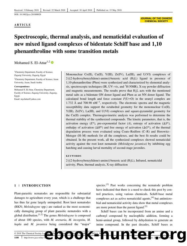 Spectroscopic, thermal analysis and nematicidal evaluation of new mixed ligand complexes of bidentate Schiff base and 1,10phenanthroline with some transition metals: H2L; Phen; IR; by Unknown