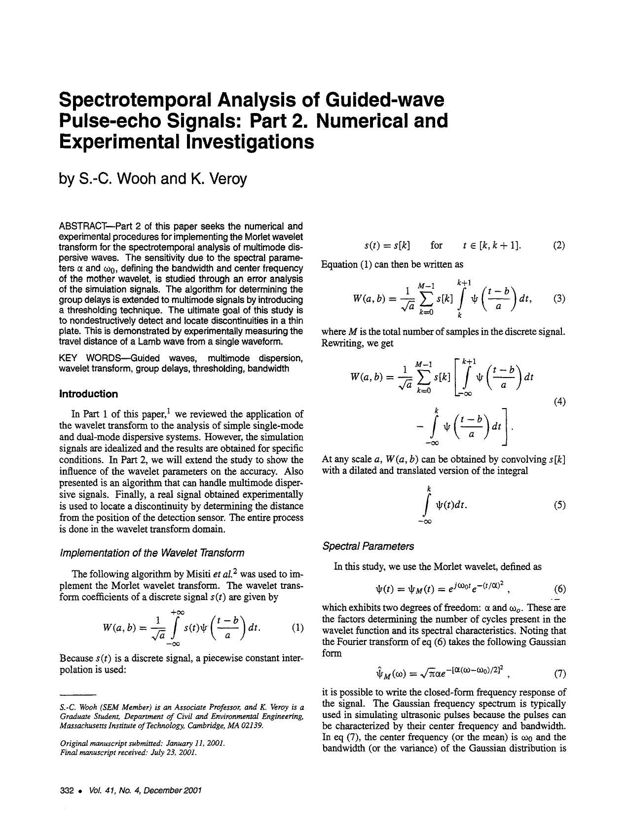 Spectrotemporal analysis of guided-wave pulse-echo signals: Part 2. Numerical and experimental investigations by Unknown