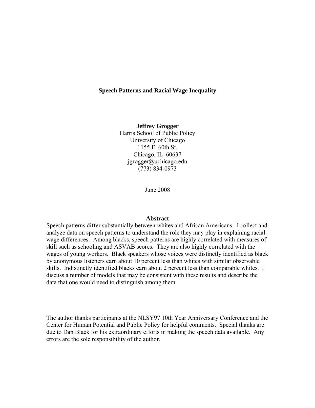 Speech Patterns and Racial Wage Inequality by Grogger Jeffrey