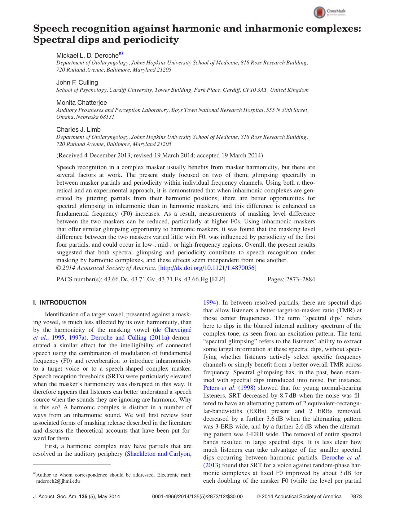 Speech recognition against harmonic and inharmonic complexes: Spectral dips and periodicity by Mickael L. D. Deroche & John F. Culling & Monita Chatterjee & Charles J. Limb