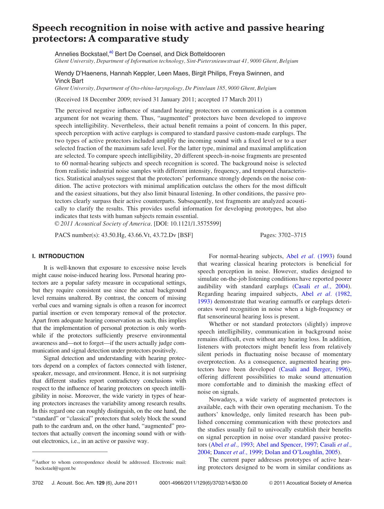 Speech recognition in noise with active and passive hearing protectors: A comparative study by unknow