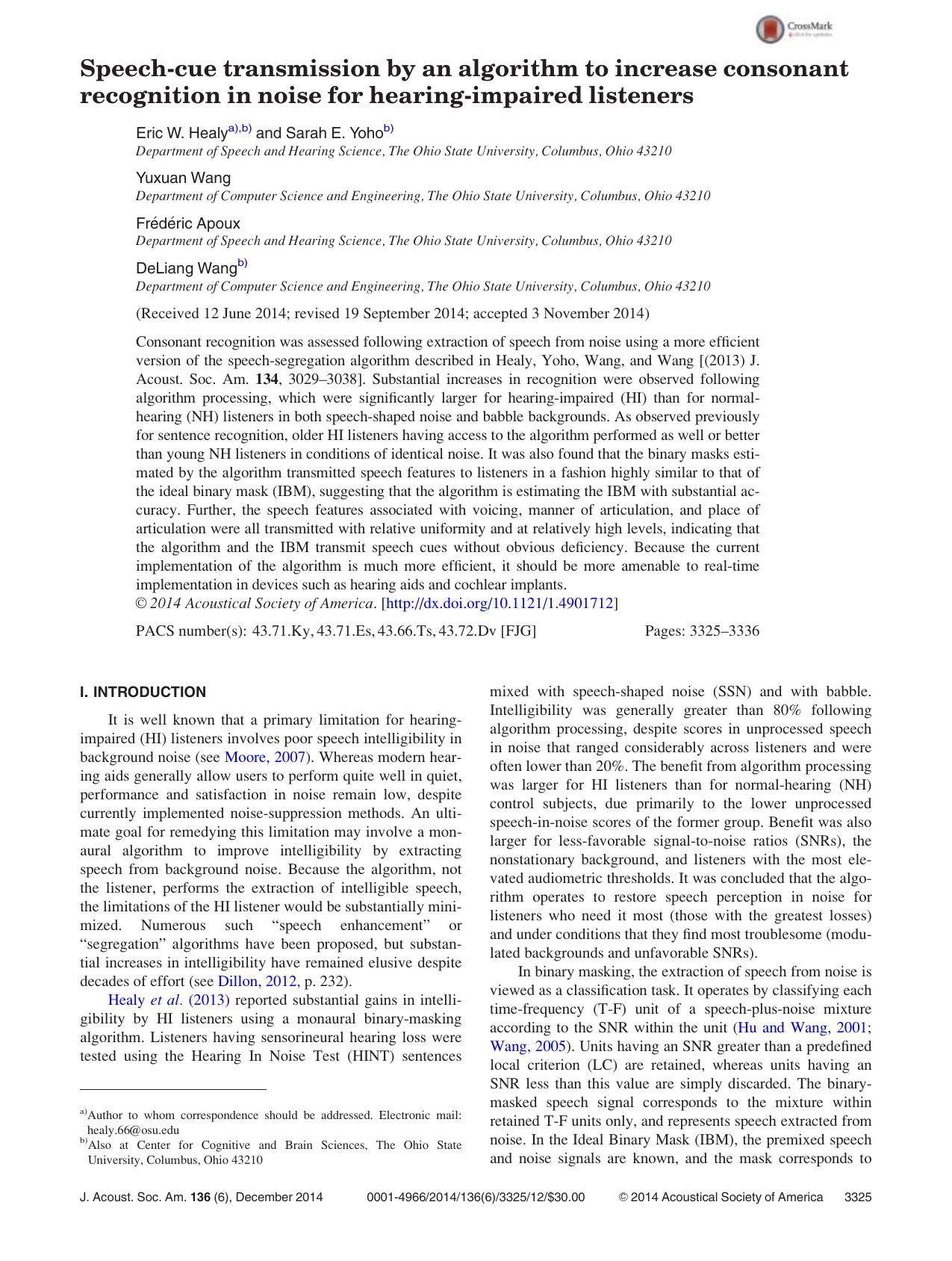 Speech-cue transmission by an algorithm to increase consonant recognition in noise for hearing-impaired listeners by Eric W. Healy & Sarah E. Yoho & Yuxuan Wang & Frédéric Apoux & DeLiang Wang