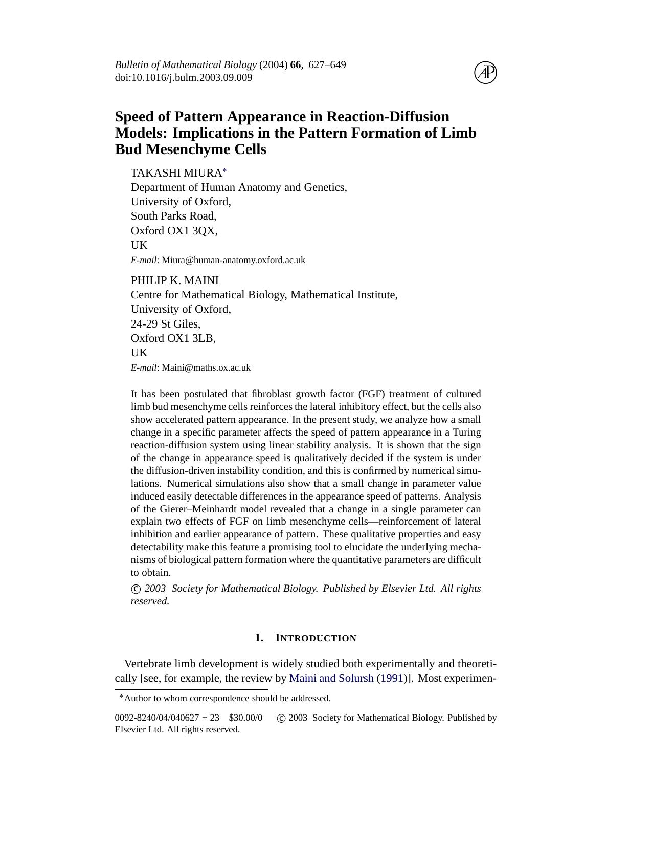 Speed of pattern appearance in reaction-diffusion models: Implications in the pattern formation of limb bud mesenchyme cells by Unknown