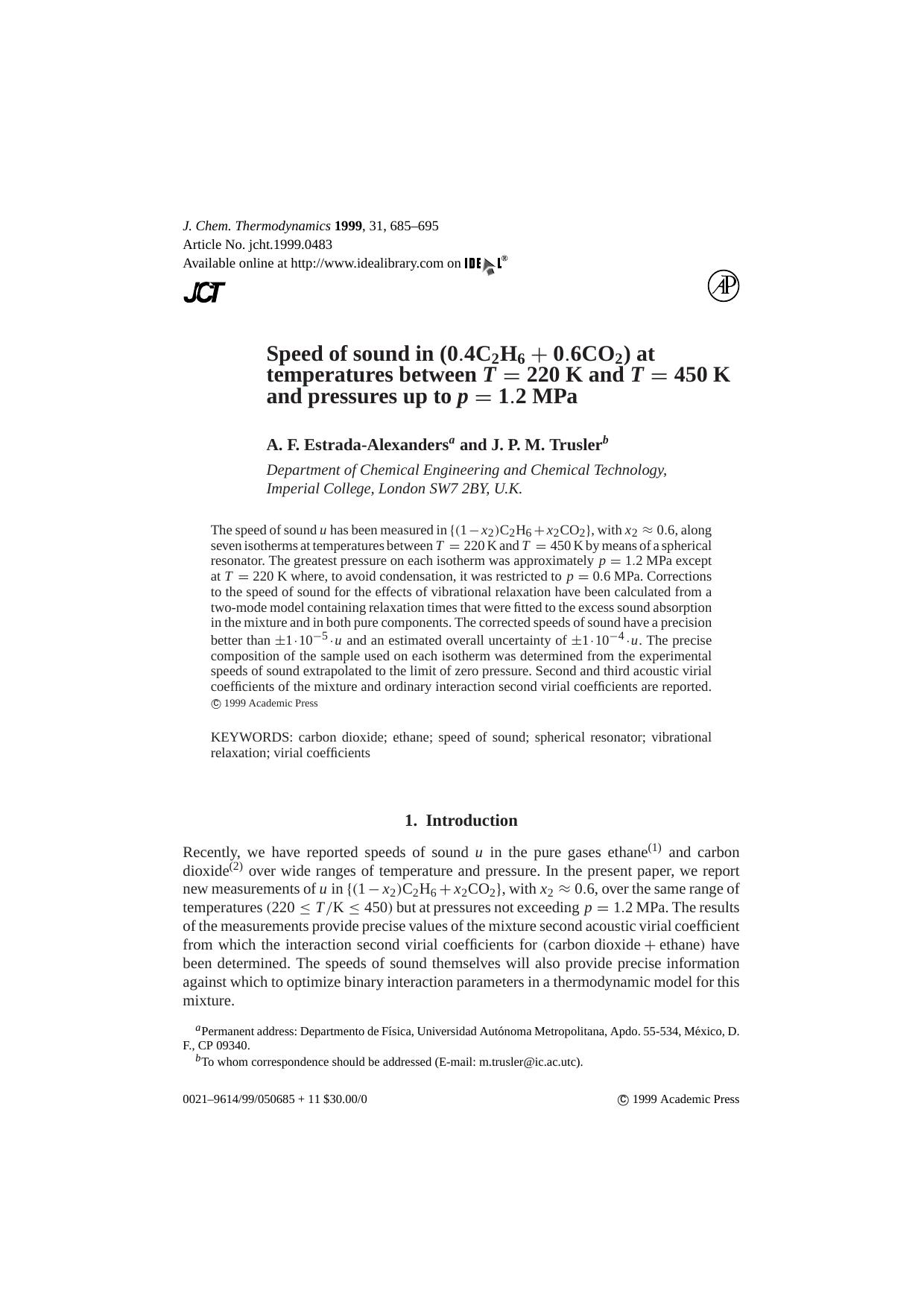 Speed of sound in (0.4C2H6 + 0.6CO2) at temperatures between T = 220 K and T= 450 K and pressures up to p = 1.2 MPa by Estrada-Alexanders A. F. & Trusler J. P. M