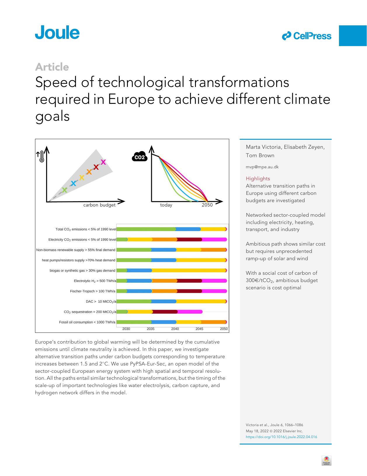 Speed of technological transformations required in Europe to achieve different climate goals by Marta Victoria & Elisabeth Zeyen & Tom Brown