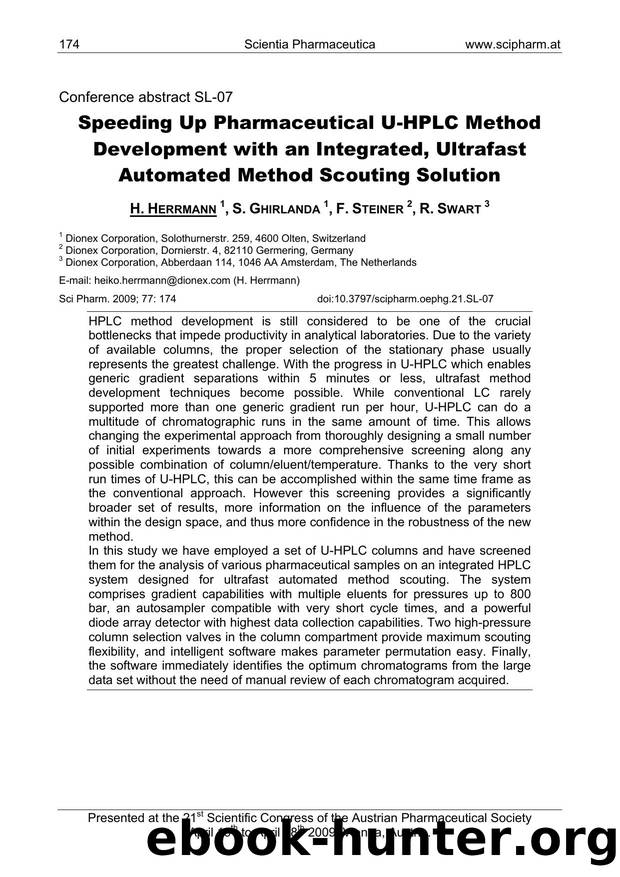 Speeding Up Pharmaceutical U-HPLC Method Development with an Integrated, Ultrafast Automated Method Scouting Solution by H. HERRMANN & S. GHIRLANDA & F. STEINER & R. SWART