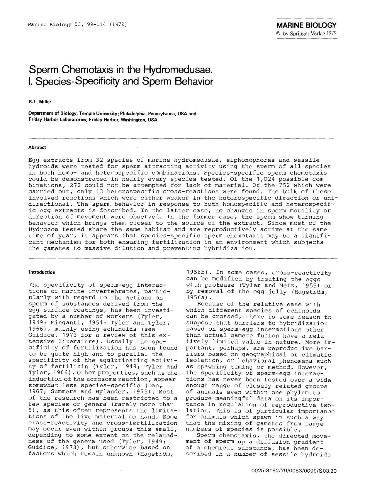 Sperm chemotaxis in the hydromedusae. I. Species-specificity and sperm behavior by Unknown