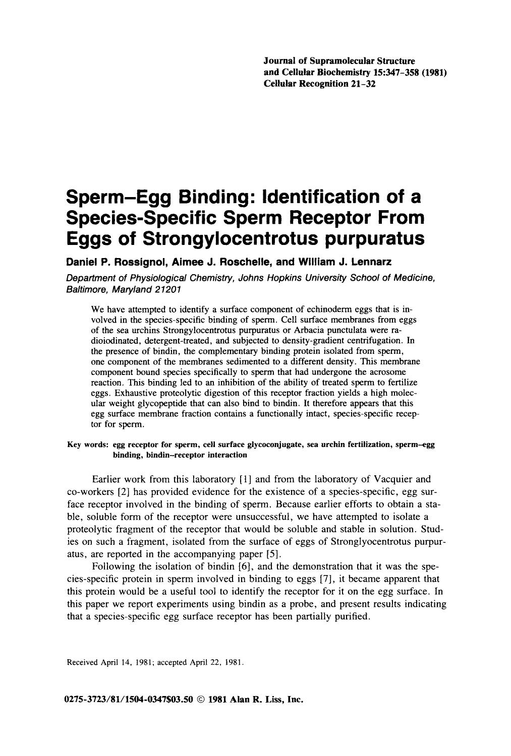 Sperm-egg binding: Identification of a species-specific sperm receptor from eggs of strongylocentrotus purpuratus by Unknown