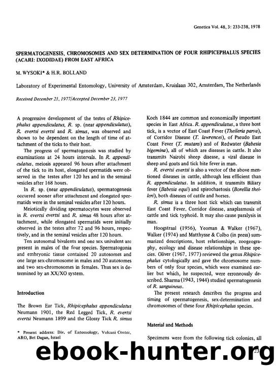 Spermatogenesis, chromosomes and sex determination of four Rhipicephalus species (Acari: Ixodidae) from East Africa by Unknown