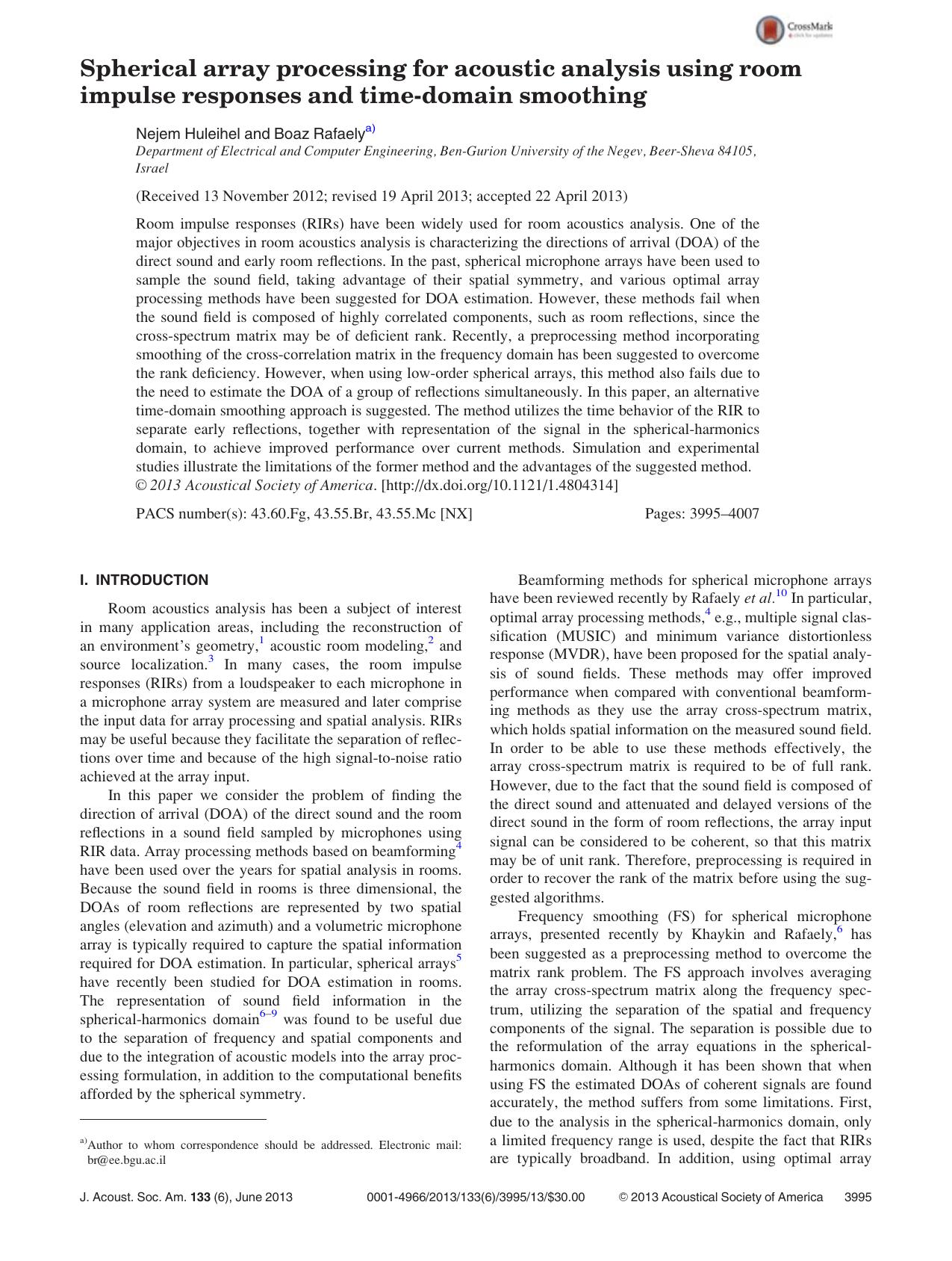 Spherical array processing for acoustic analysis using room impulse responses and time-domain smoothing by Nejem Huleihel and Boaz Rafaelya)