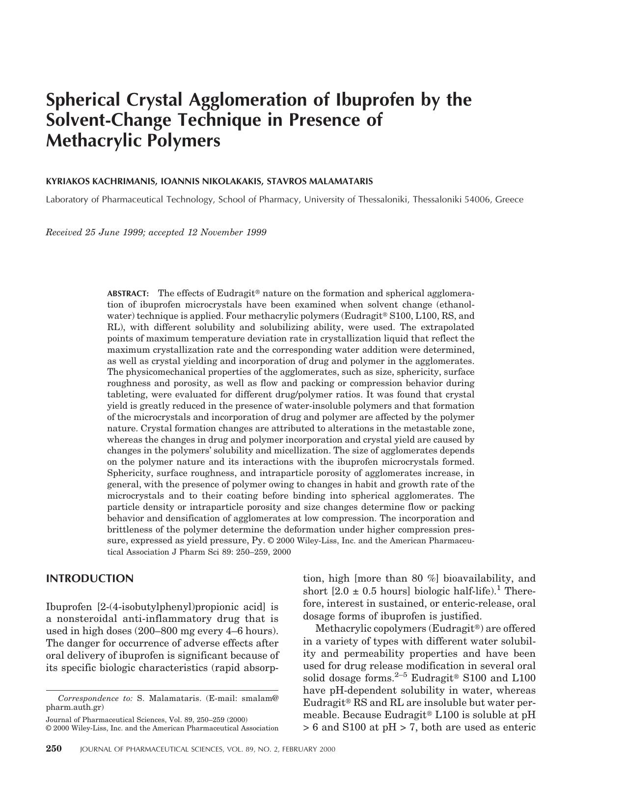 Spherical crystal agglomeration of ibuprofen by the solvent-change technique in presence of methacrylic polymers by Unknown