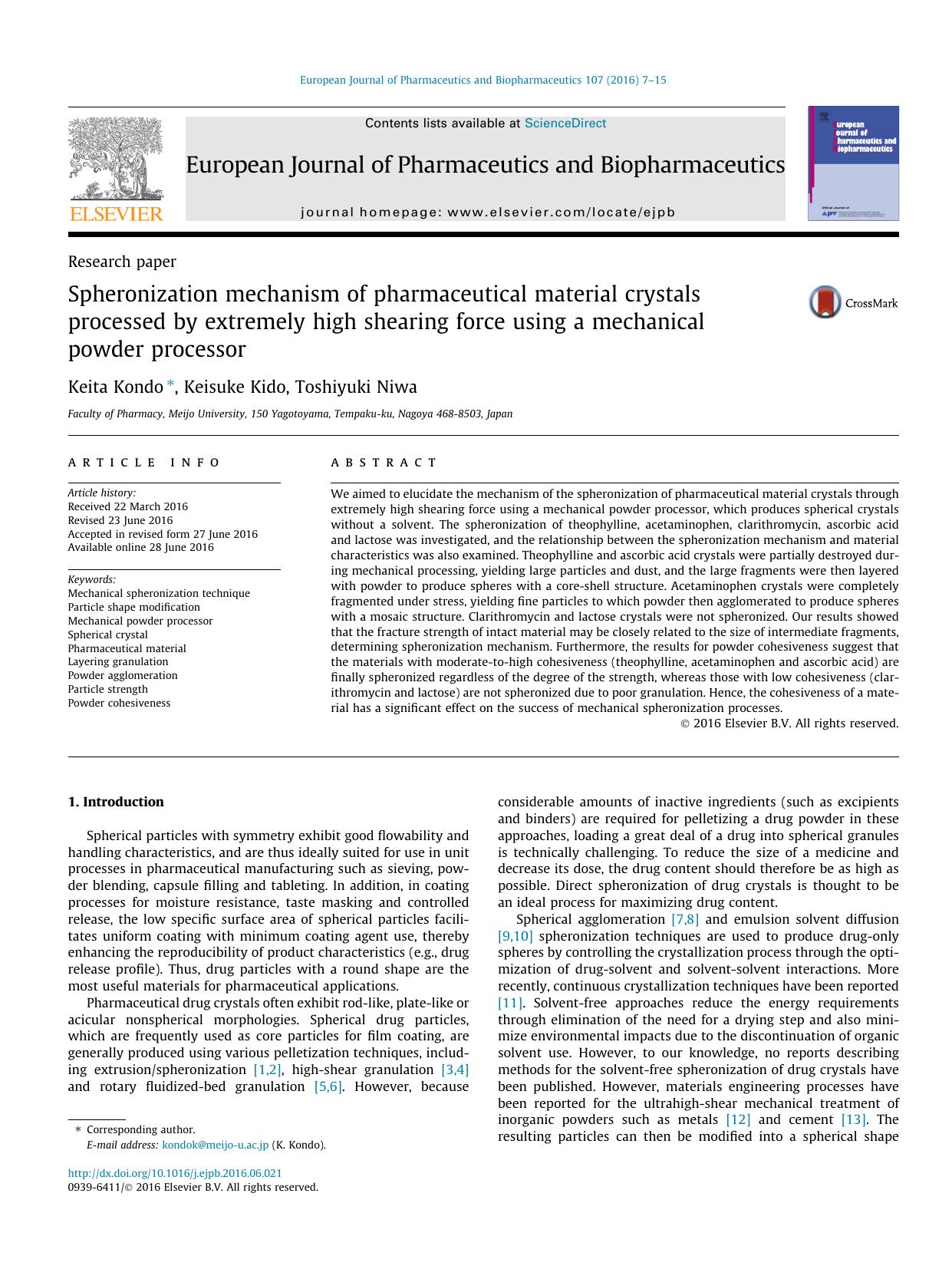Spheronization mechanism of pharmaceutical material crystals processed by extremely high shearing force using a mechanical powder processor by Keita Kondo & Keisuke Kido & Toshiyuki Niwa