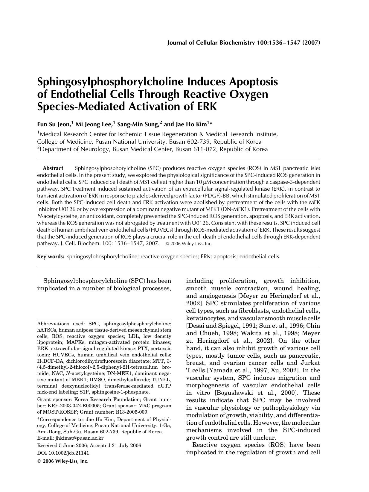 Sphingosylphosphorylcholine induces apoptosis of endothelial cells through reactive oxygen species-mediated activation of ERK by Unknown
