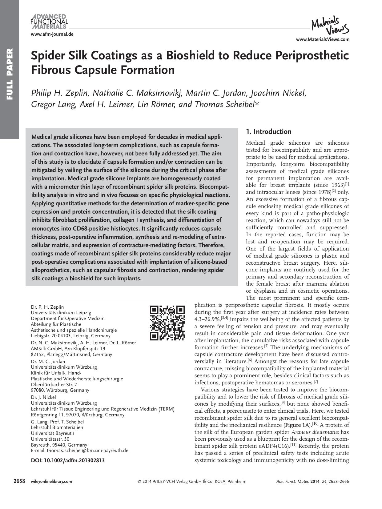 Spider Silk Coatings as a Bioshield to Reduce Periprosthetic Fibrous Capsule Formation by s-w-270