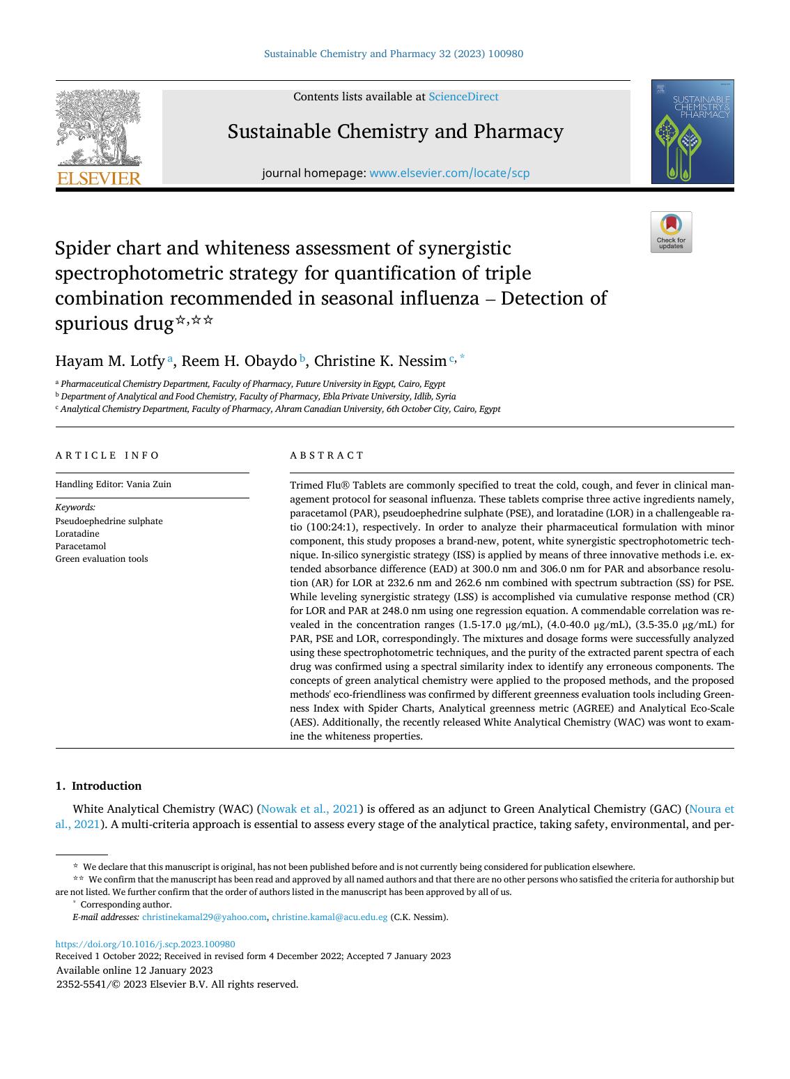 Spider chart and whiteness assessment of synergistic spectrophotometric strategy for quantification of triple combination recommended in seasonal influenza Ã¢ Detection of spurious drug by Hayam M. Lotfy & Reem H. Obaydo & Christine K. Nessim