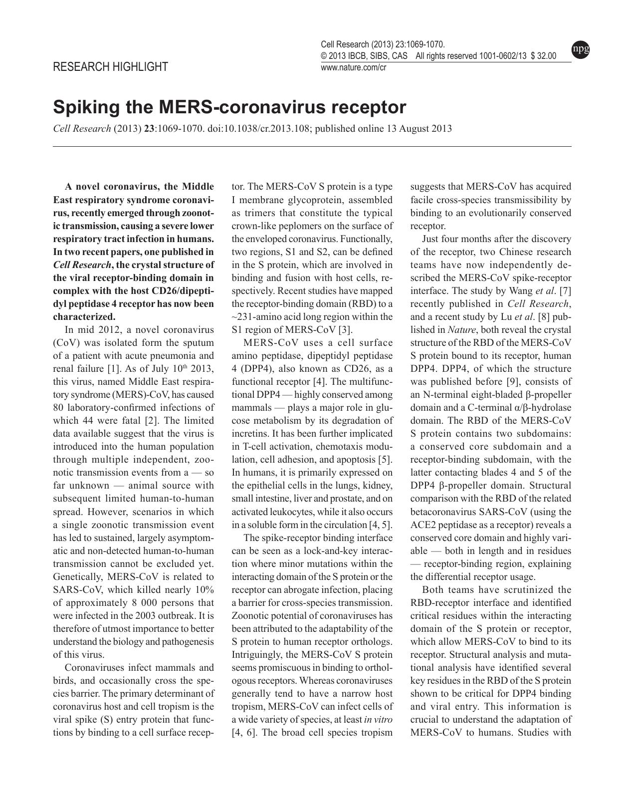 Spiking the MERS-coronavirus receptor by Berend Jan Bosch & V Stalin Raj & Bart L Haagmans