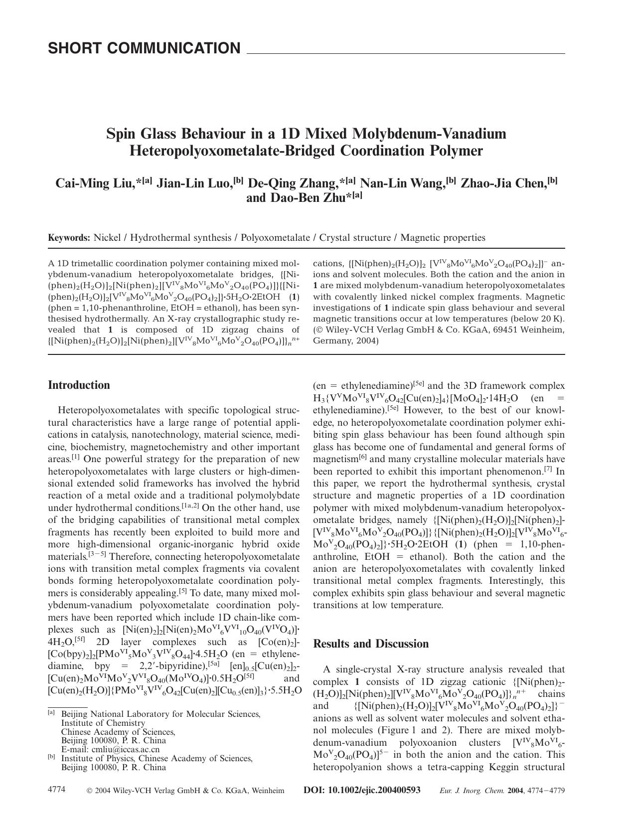 Spin Glass Behaviour in a 1D Mixed Molybdenum-Vanadium Heteropolyoxometalate-Bridged Coordination Polymer by Unknown