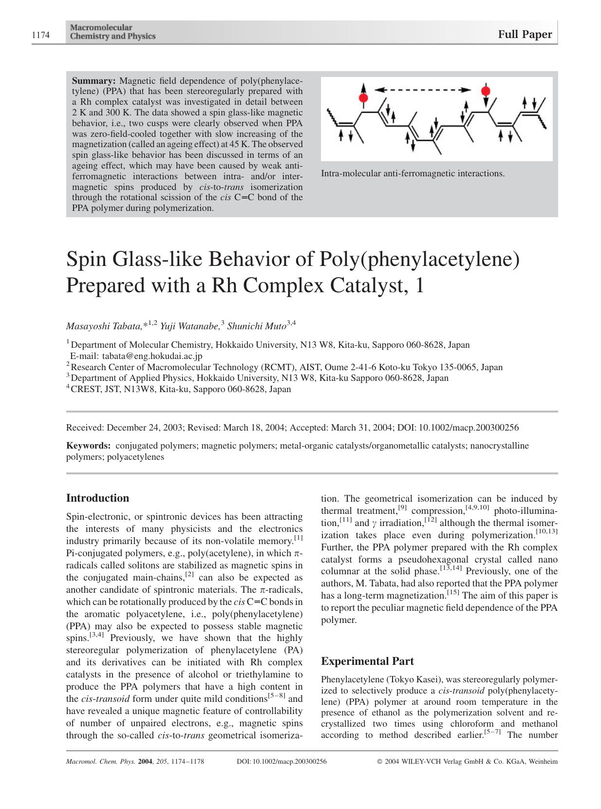 Spin Glass-like Behavior of Poly(phenylacetylene) Prepared with a Rh Complex Catalyst, 1 by Unknown