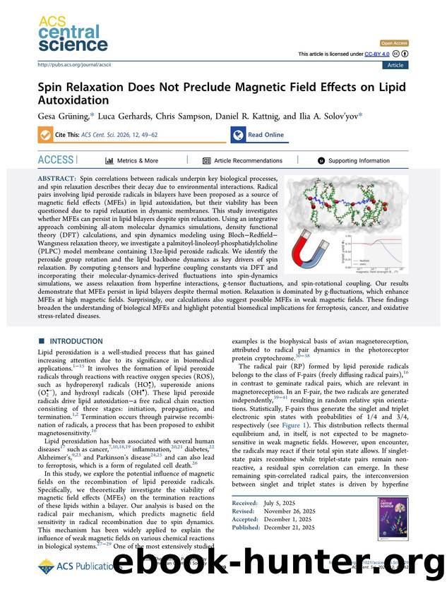 Spin Relaxation Does Not Preclude Magnetic Field Effects on Lipid Autoxidation by Gesa Grüning & Luca Gerhards & Chris Sampson & Daniel R. Kattnig & Ilia A. Solov’yov