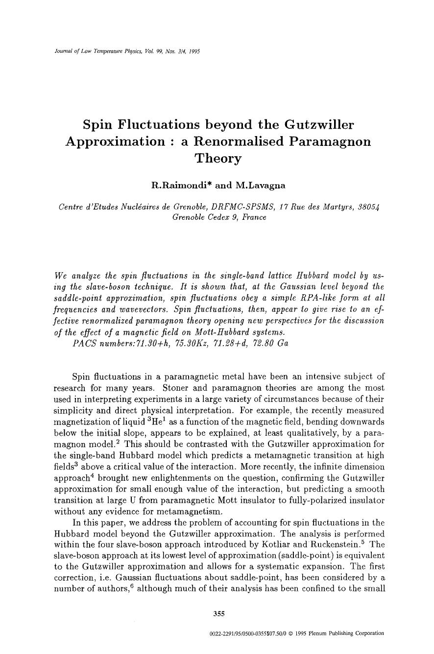 Spin fluctuations beyond the Gutzwiller approximation: A renormalised paramagnon theory by Unknown