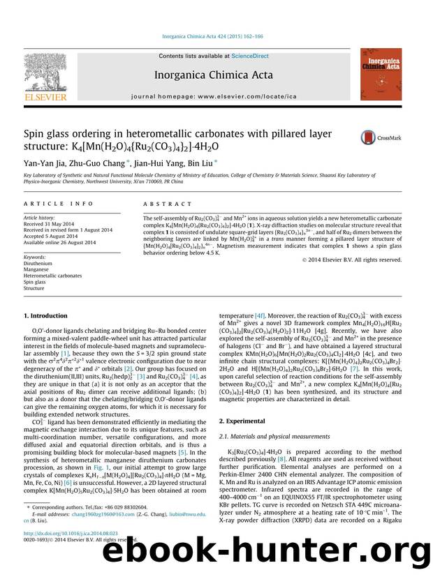 Spin glass ordering in heterometallic carbonates with pillared layer structure: K4[Mn(H2O)4{Ru2(CO3)4}2]ÃÂ·4H2O by Yan-Yan Jia & Zhu-Guo Chang & Jian-Hui Yang & Bin Liu