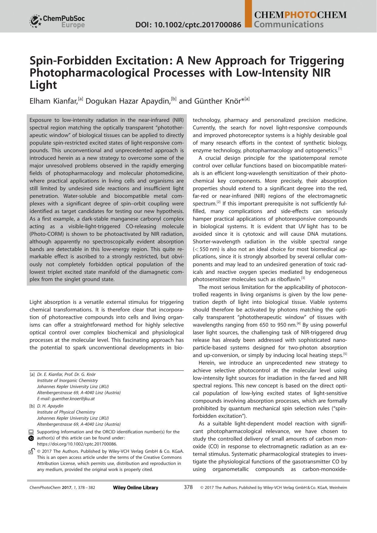 SpinâForbidden Excitation: A New Approach for Triggering Photopharmacological Processes with LowâIntensity NIR Light by Unknown