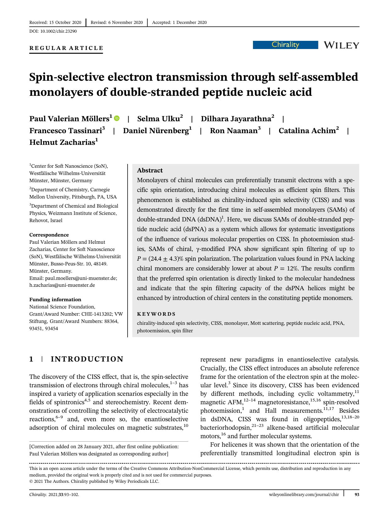 Spinâselective electron transmission through selfâassembled monolayers of doubleâstranded peptide nucleic acid by unknow