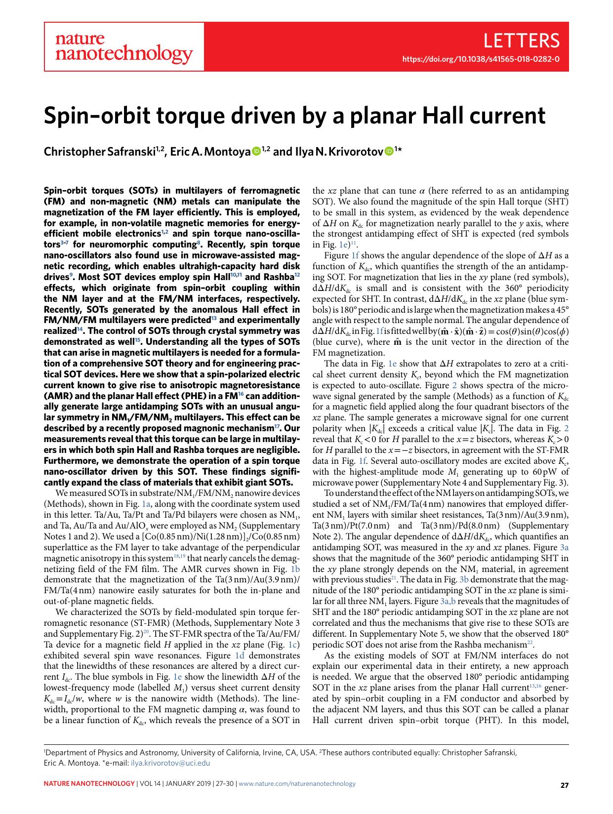 Spinâorbit torque driven by a planar Hall current by Christopher Safranski & Eric A. Montoya & Ilya N. Krivorotov