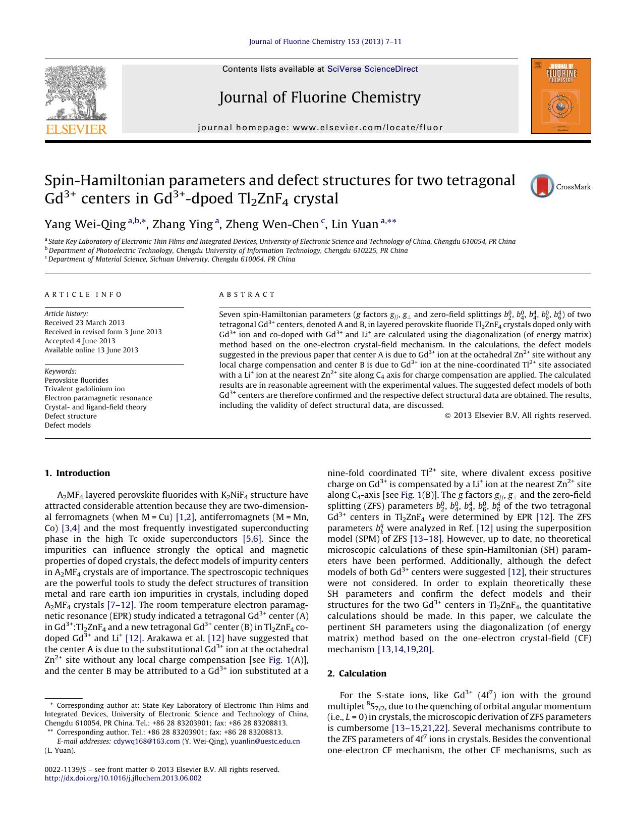 Spin-Hamiltonian parameters and defect structures for two tetragonal Gd3+ centers in Gd3+-dpoed Tl2ZnF4 crystal by Yang Wei-Qing