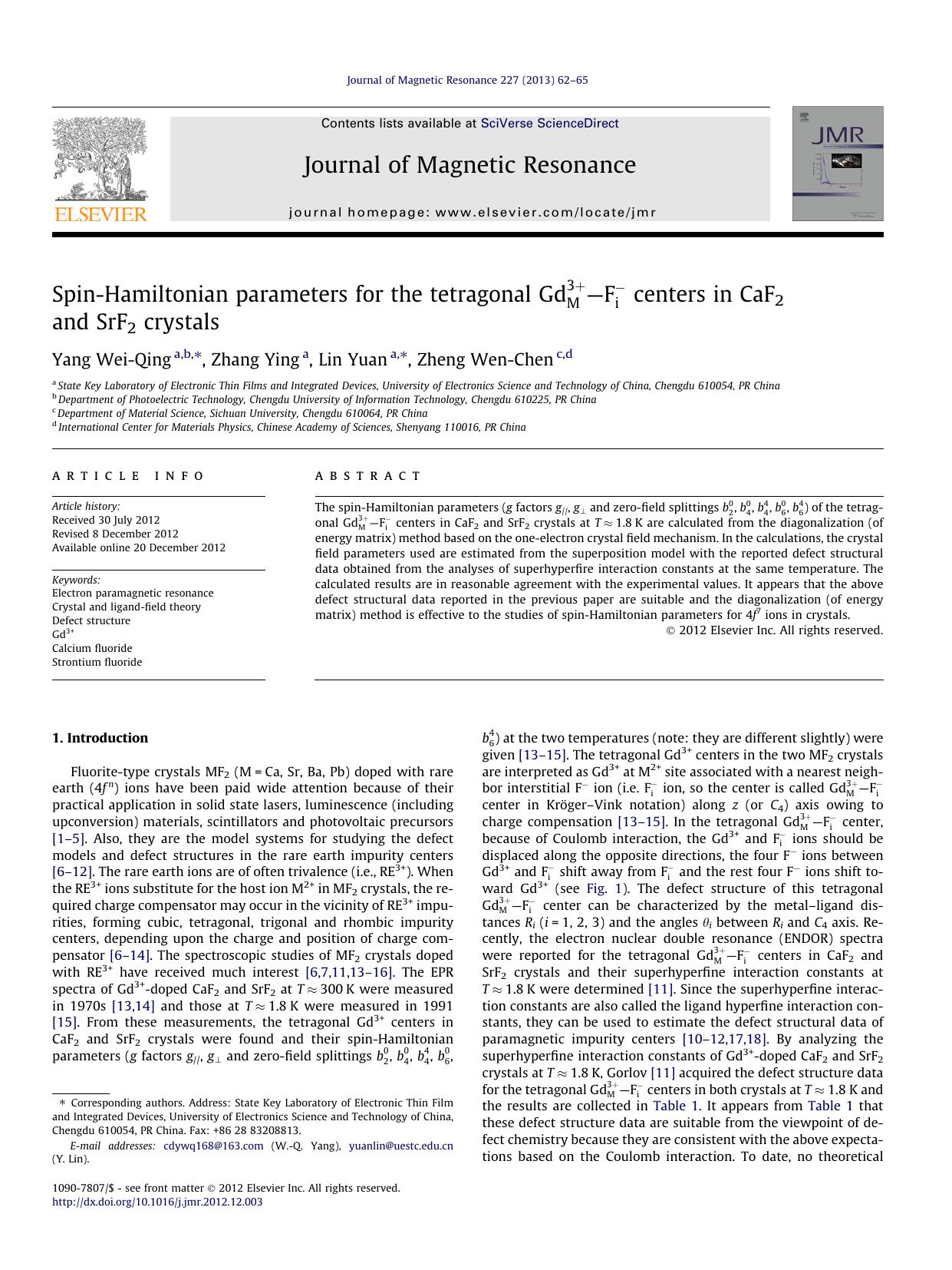 Spin-Hamiltonian parameters for the tetragonal centers in CaF2 and SrF2 crystals by Wei-Qing Yang & Ying Zhang & Yuan Lin & Wen-Chen Zheng
